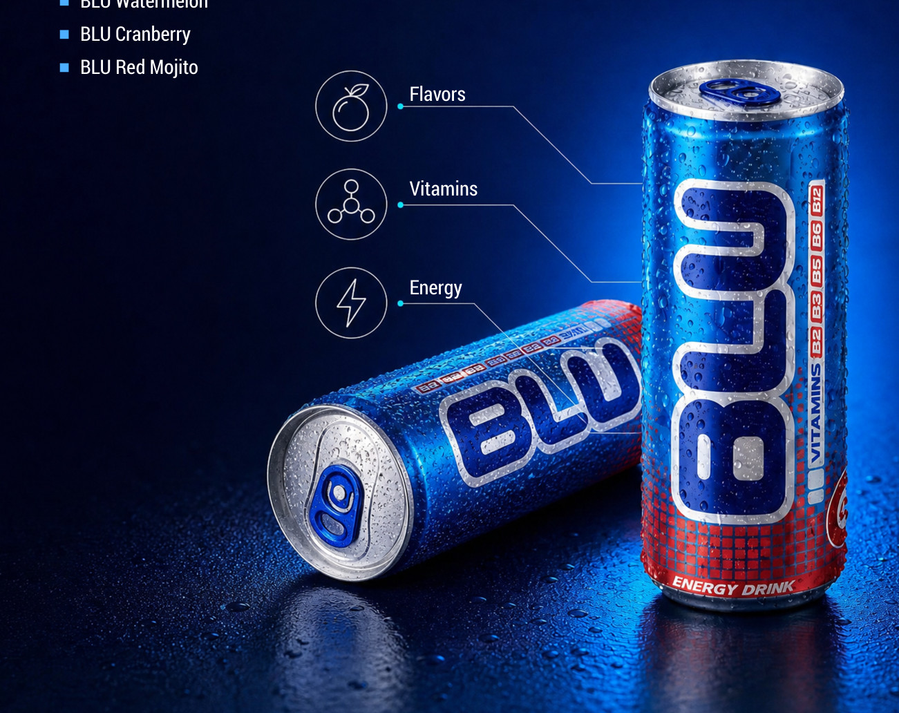 BLU Classic cans with flavor, vitamin and energy icons